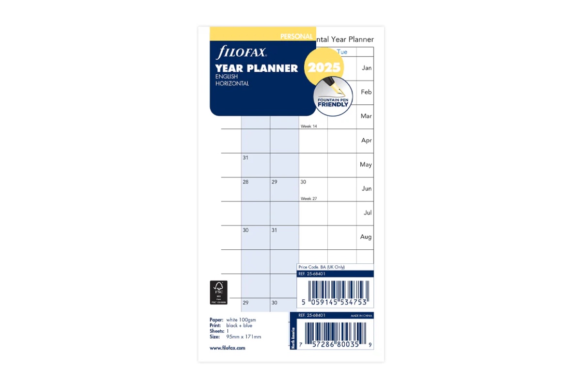 Filofax Personal Agendavulling 2025 Jaarplanner - Horizontaal