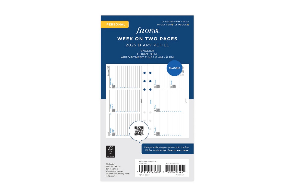 Filofax Personal Agendavulling 2025 Week op 2 Pagina's - Horizontaal - Engels