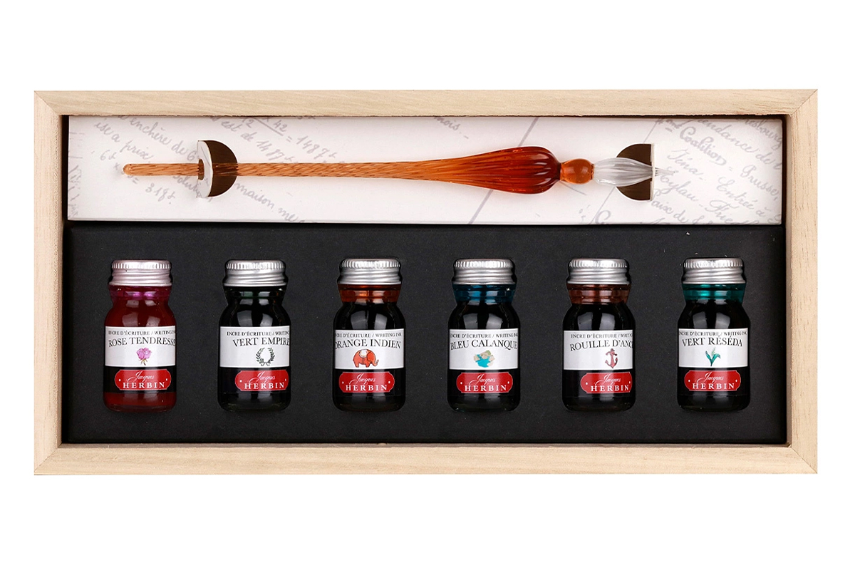 J. Herbin Glazen Dip Pen Set - 6 Kleuren Inkt