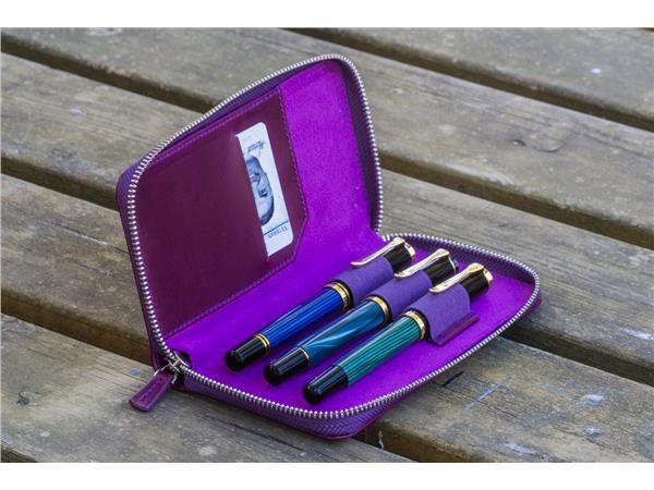 Galen Leather 3 Pen Zipper Case - Purple