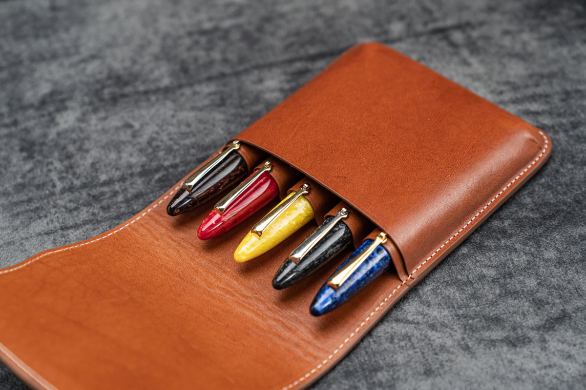 Pen Sleeve with Flap - 2 Pens - Black - Vegetable Tanned Leather