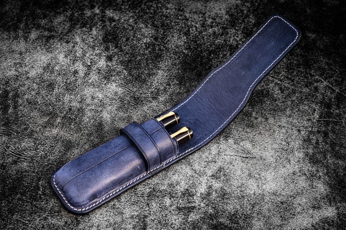 Galen Leather Flap Pen Case for Two Pens - Crazy Horse Navy Blue