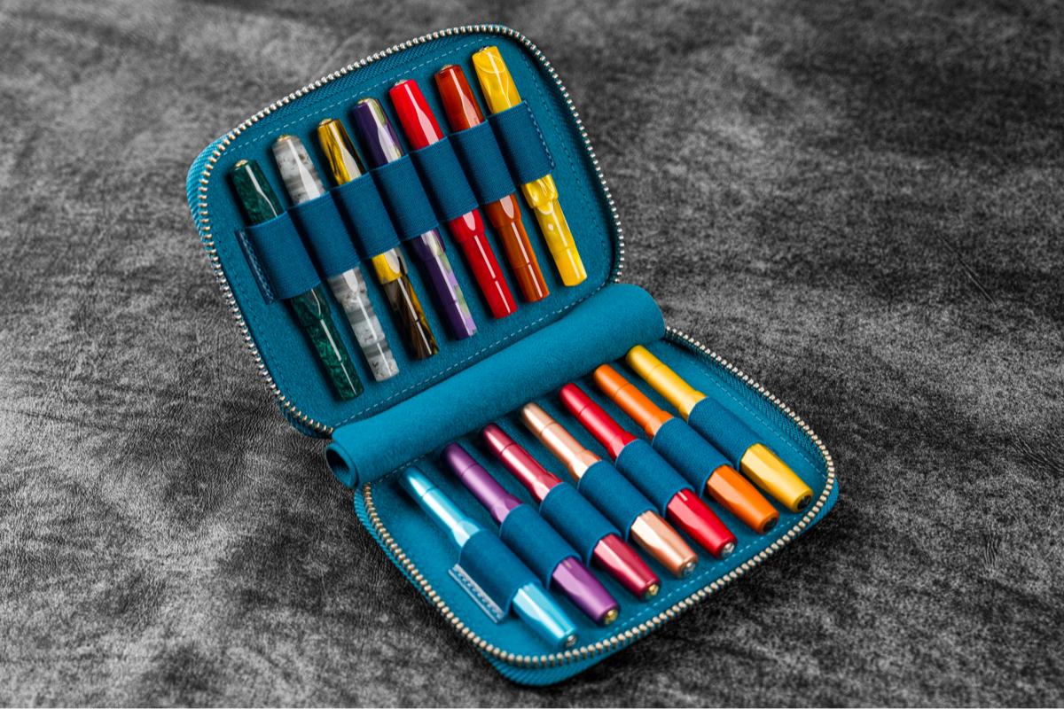 Galen Leather Collector Pen Case for 14 Kaweco pens - Crazy Horse Ocean Blue