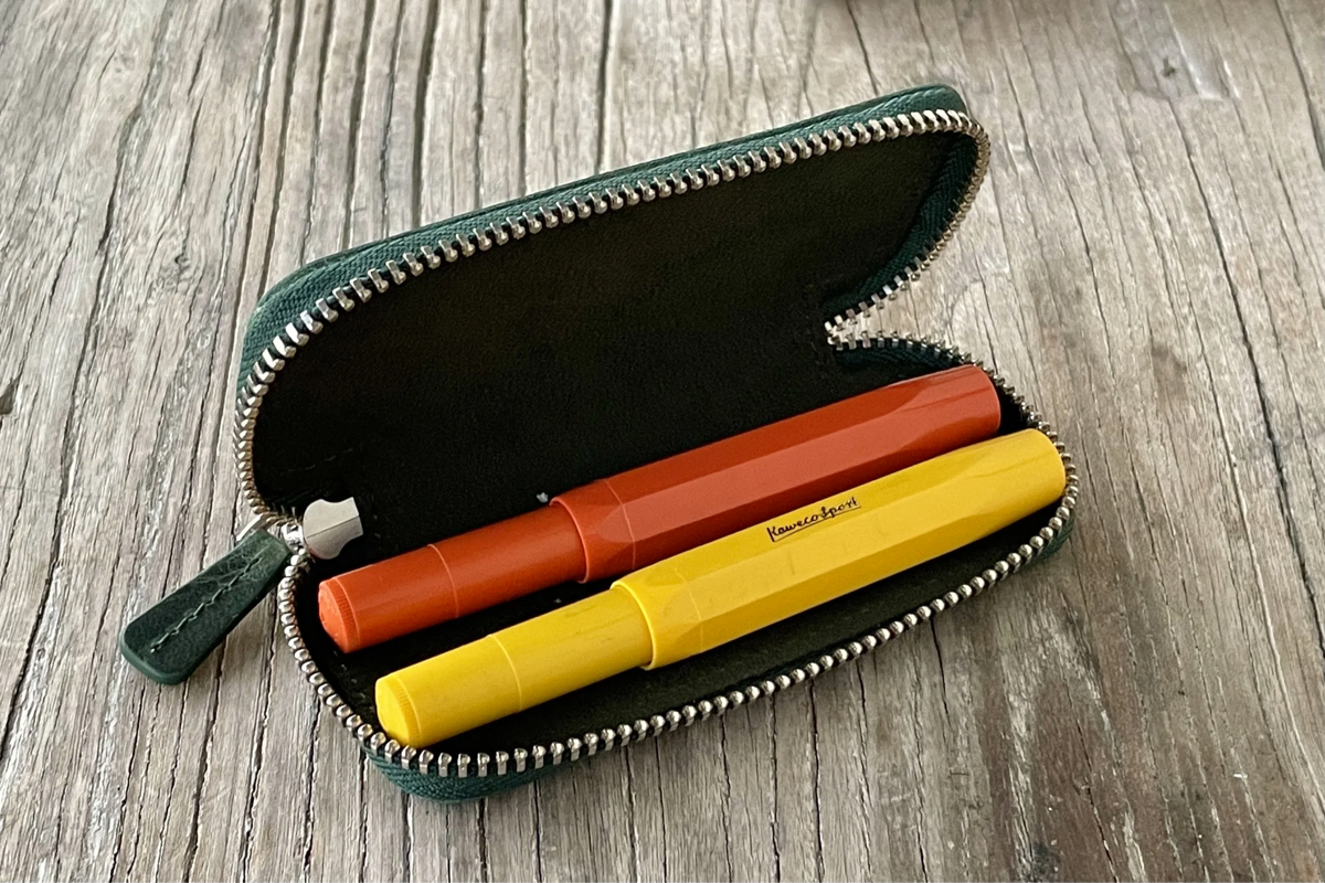 Galen Leather Zippered Double Pen Case for Kaweco - Crazy Horse Forest Green