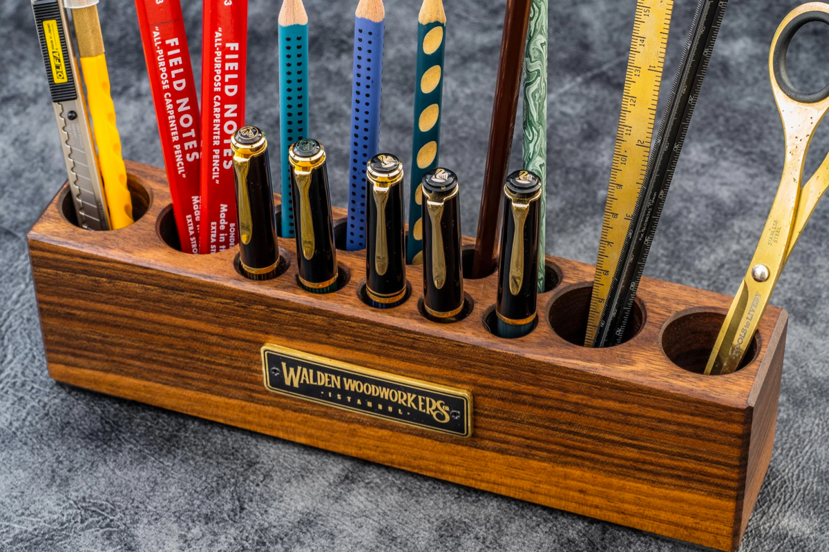 Mahogany Wood Desk Organizer & Pen Holder - Galen Leather