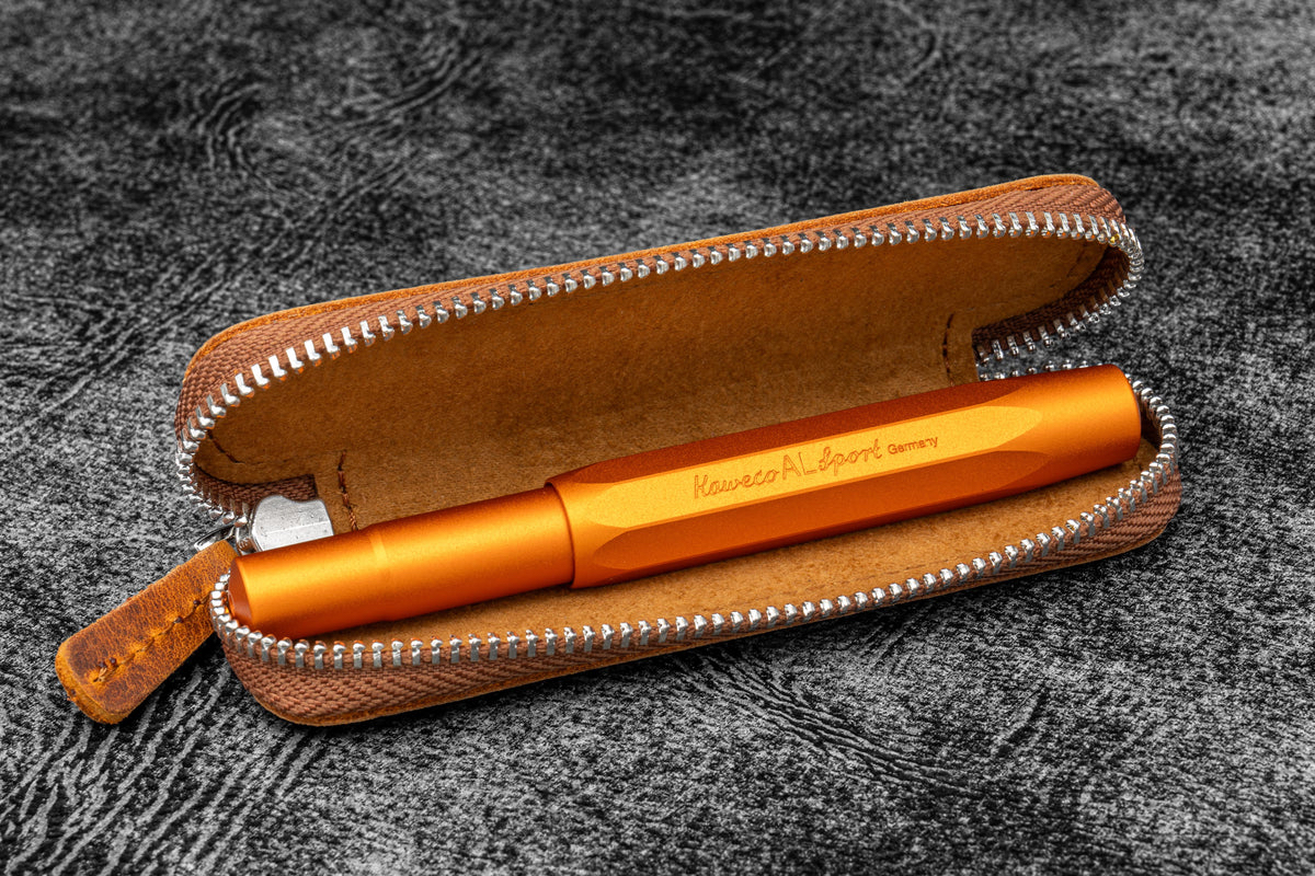 Galen Leather Zippered Single Pen Case for Kaweco - Crazy Horse Brown