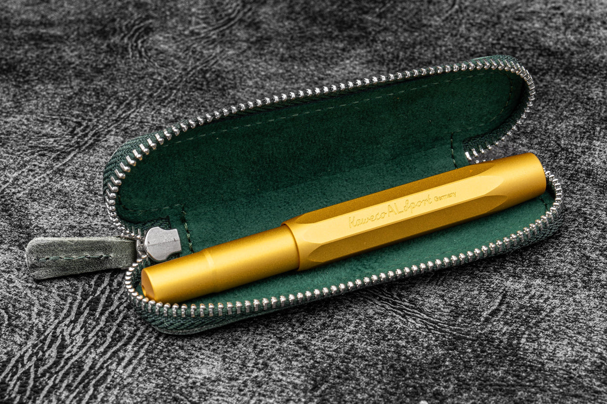 Galen Leather Zippered Single Pen Case for Kaweco - Crazy Horse Forest Green