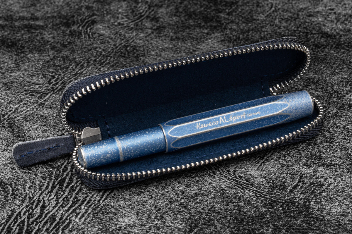 Galen Leather Zippered Single Pen Case for Kaweco - Crazy Horse Navy Blue