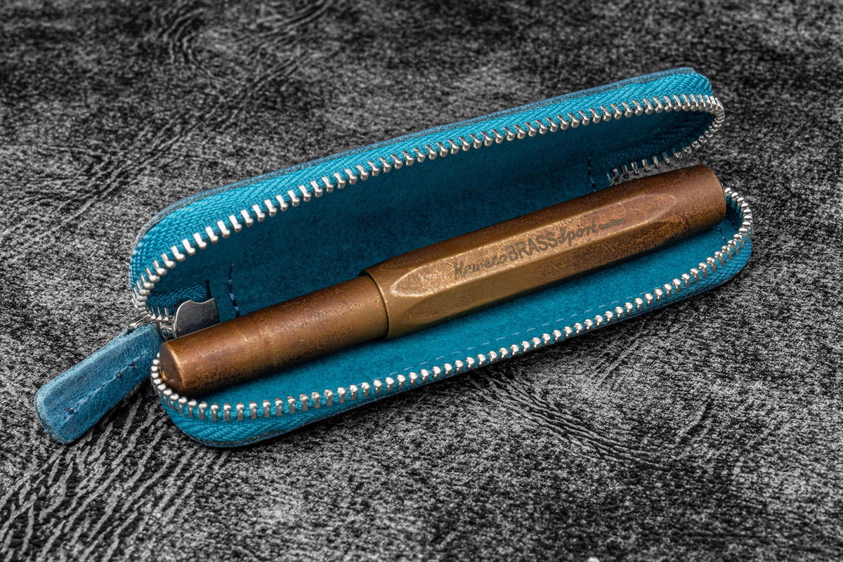 Galen Leather Zippered Single Pen Case for Kaweco - Crazy Horse Ocean Blue