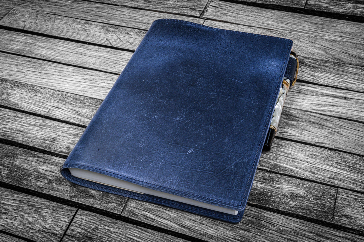 Galen Leather Slim A5 Notebook/Planner Cover - Crazy Horse Navy Blue